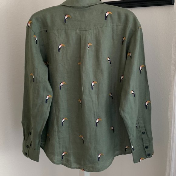 ❤️🎉HP🎉❤️ BODEN Toucan Bird Embroidered Linen Shirt, Olive, Size US 2P / … - Picture 5 of 13